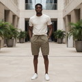 Khaki olive jogger shorts worn by male model