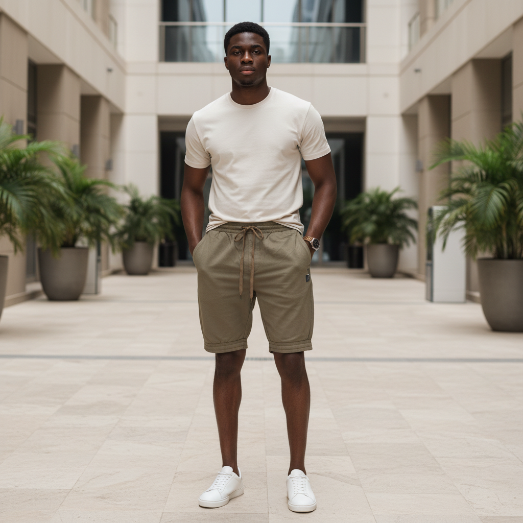 Khaki olive jogger shorts worn by male model