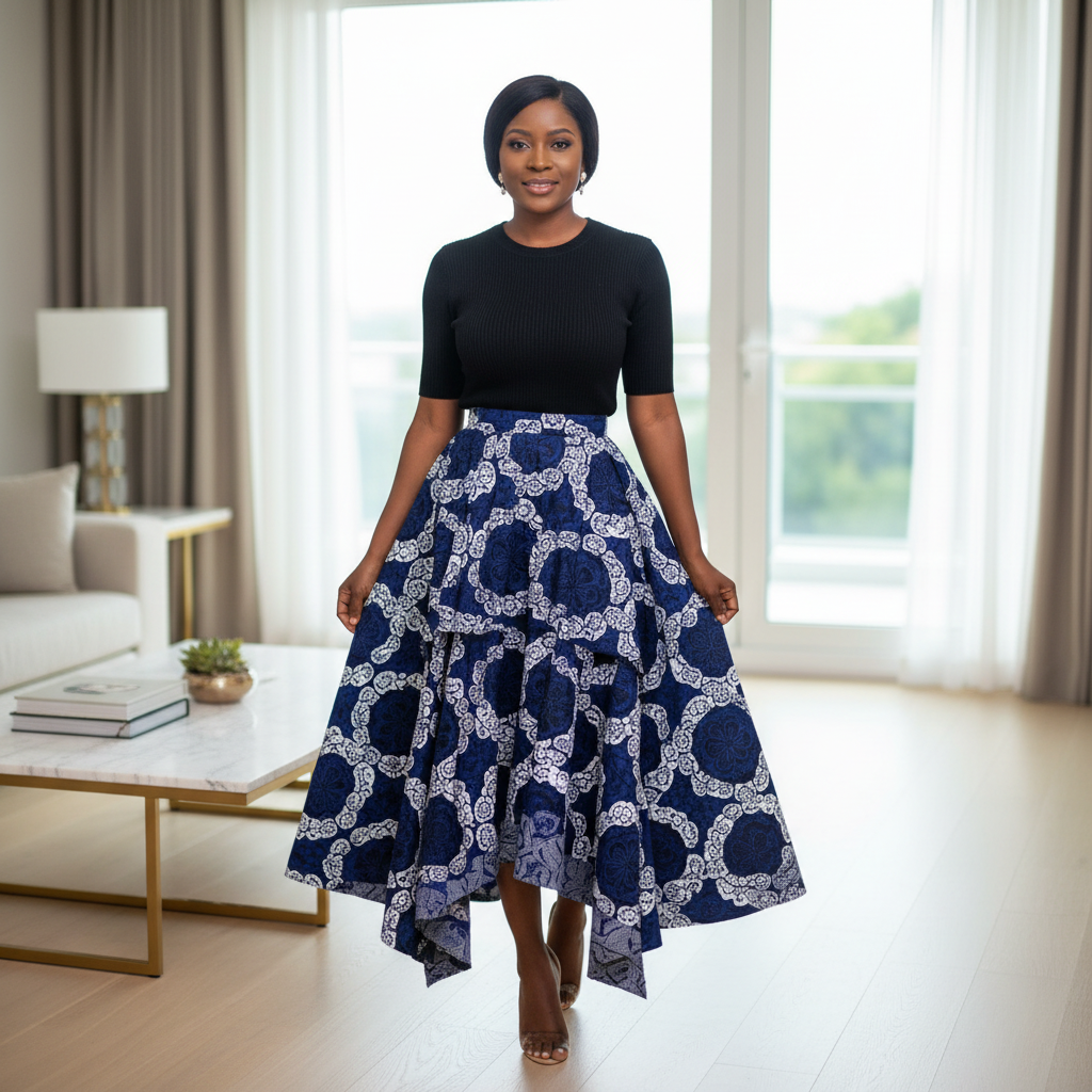 Nigerian woman wearing navy and white printed flared midi skirt