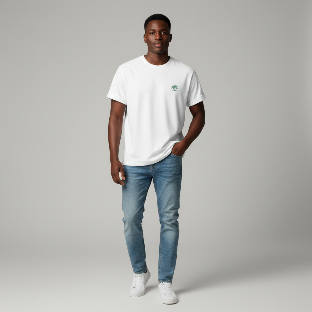 Young Nigerian male wearing white palm tree calm waters oversized crew neck tee