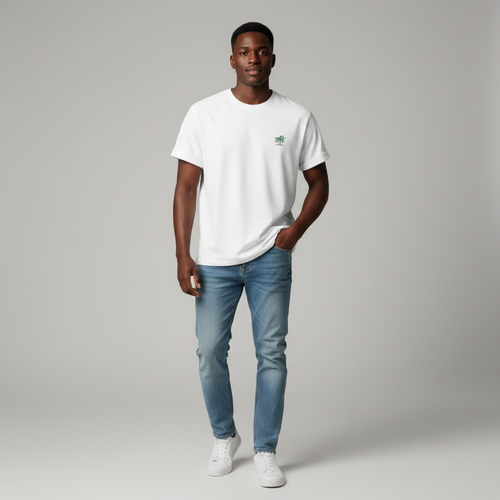 Young Nigerian male wearing white palm tree calm waters oversized crew neck tee
