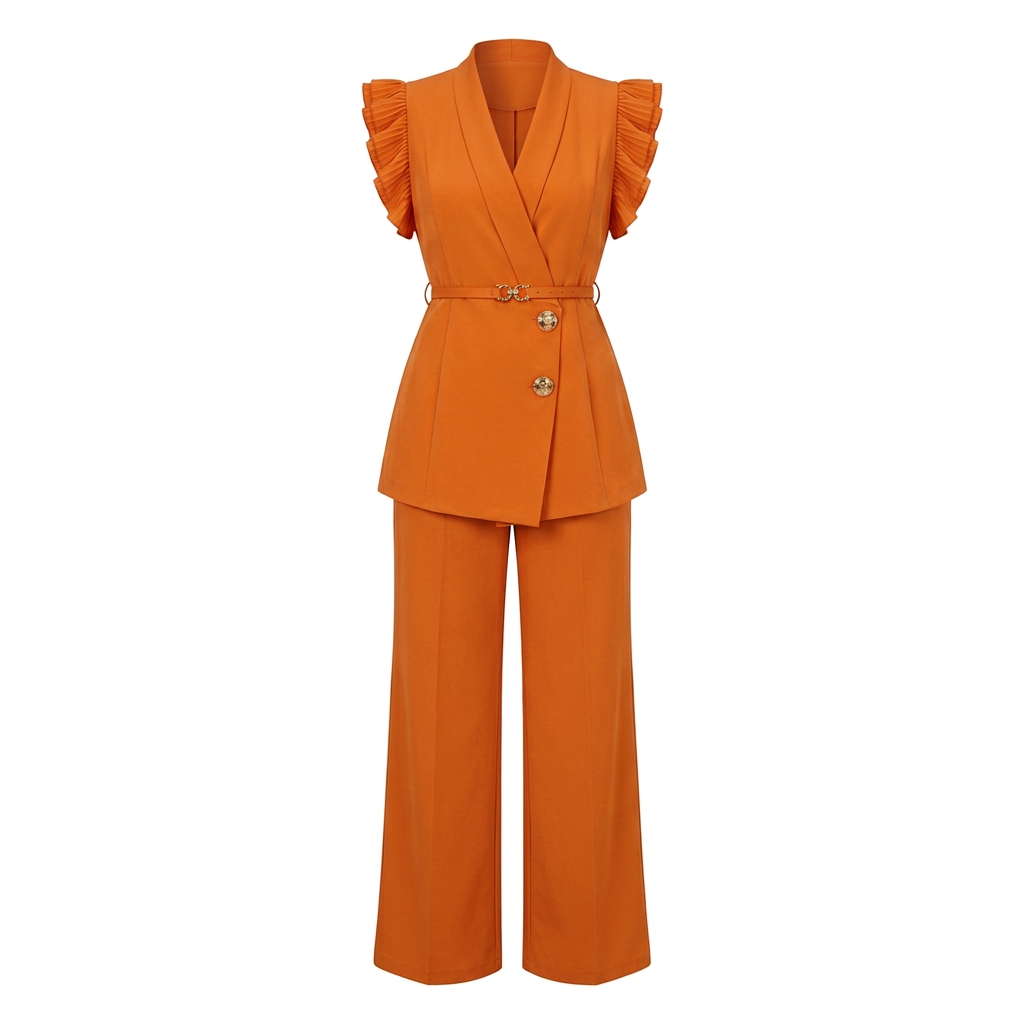 Orange ruffle-shoulder belted top and wide-leg trouser set, mannequin view