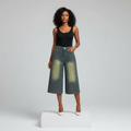 Rhinestone Embellished Wide-Leg Denim Culottes – Front Model