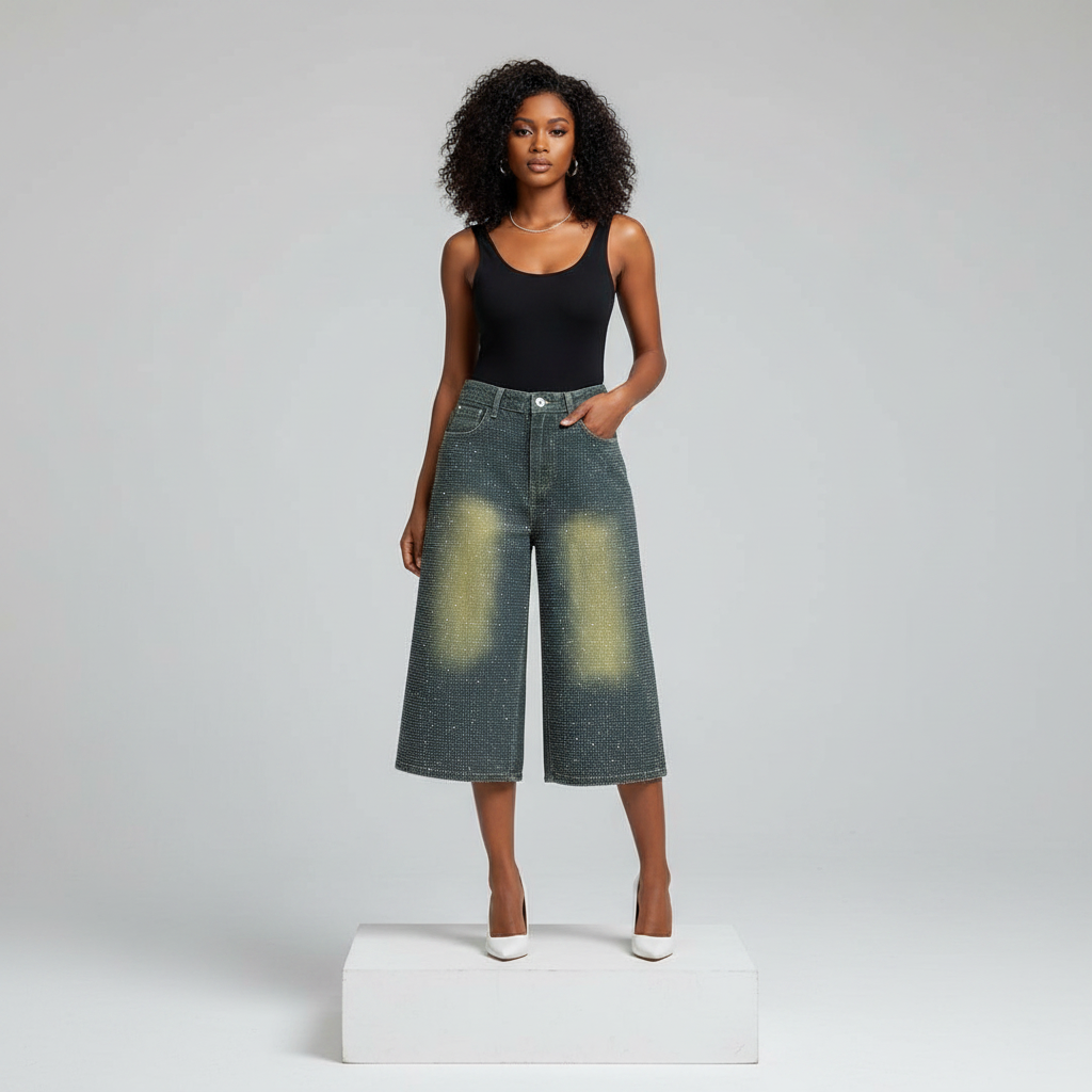 Rhinestone Embellished Wide-Leg Denim Culottes – Front Model