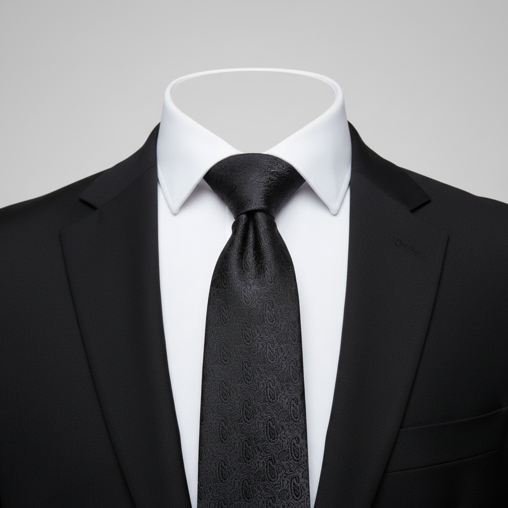 Men's black tonal floral paisley jacquard woven necktie on ghost mannequin with white shirt and black suit