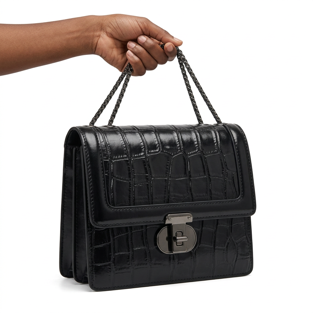 Hand holding black croc-effect bag with corrected proportions