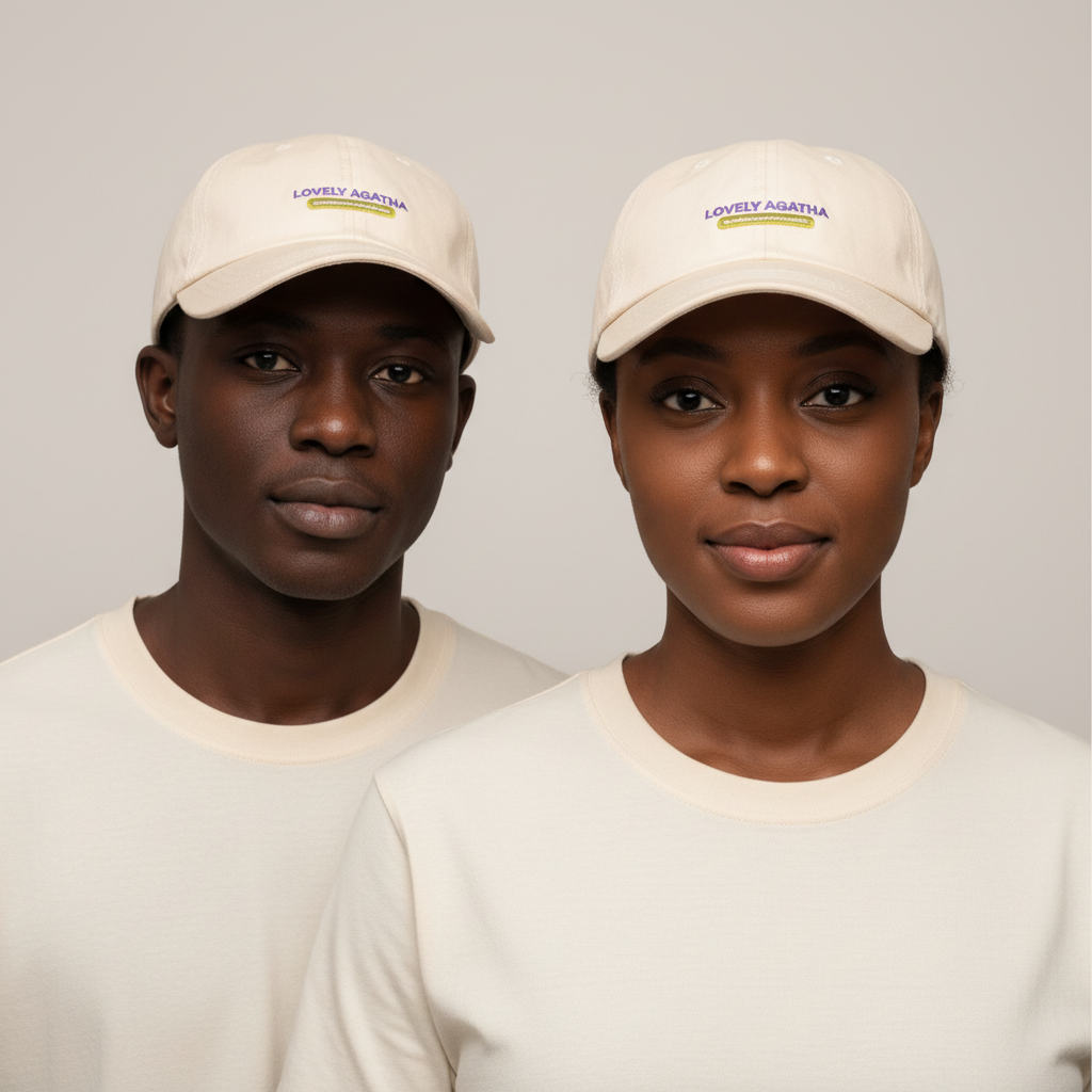 Nigerian male and female models wearing cream Lovely Agatha embroidered dad cap