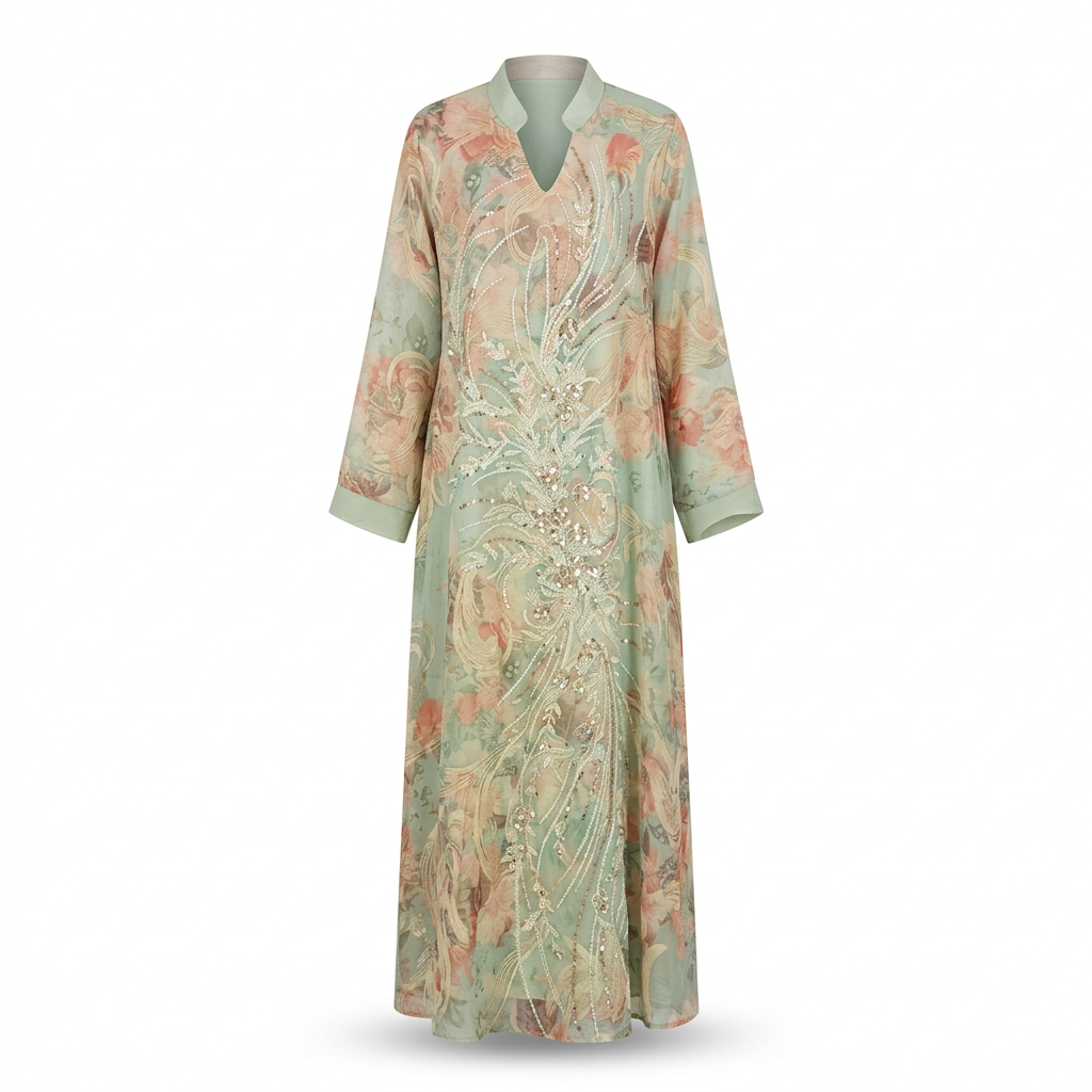 Sage paisley shimmer-trail abaya catalogue image