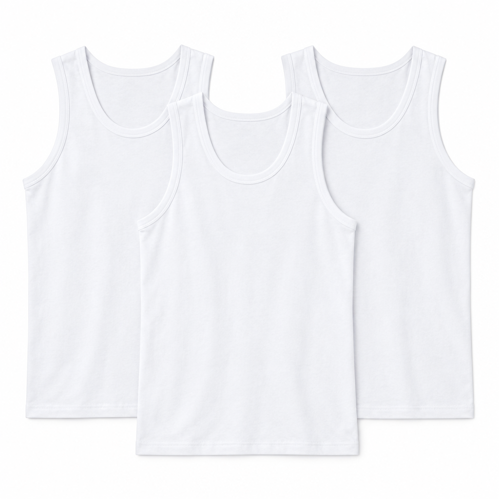 3-Pack White Cotton Men's Vest Singlets – Catalog Shot