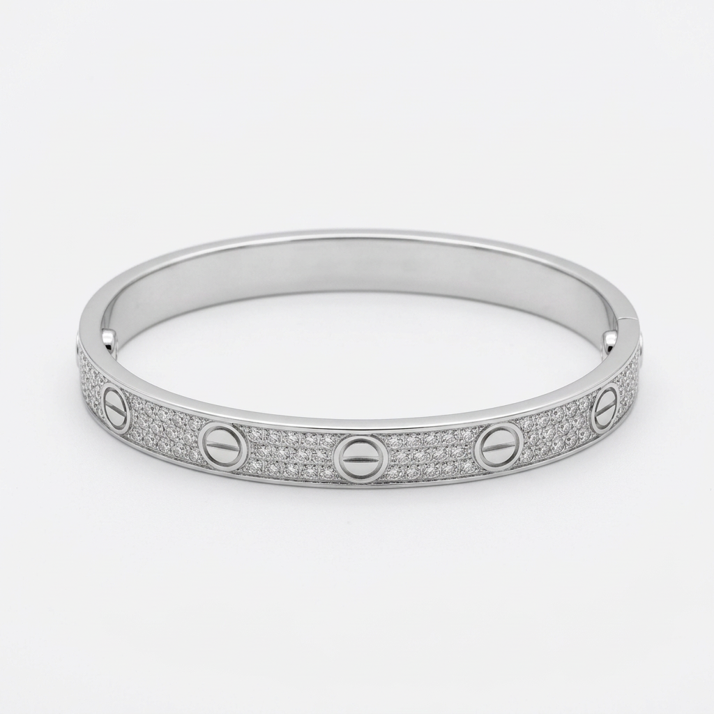 Silver-tone stone-set screw-motif bracelet on white