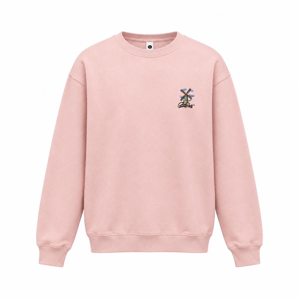 Pale pink windmill-graphic sweatshirt reconstructed front view