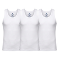 Three white singlets with GLOBAL 2XL printing inside the back neckline