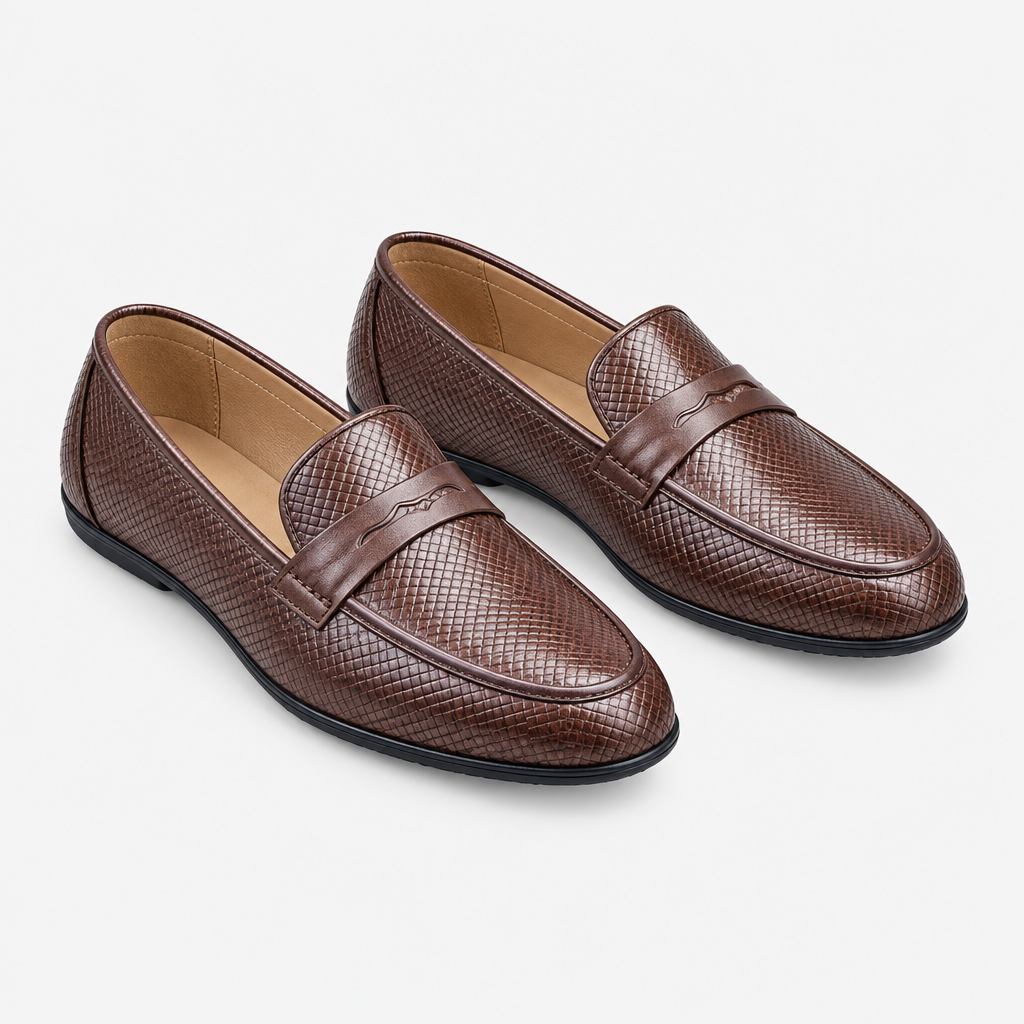 Dark brown men's embossed-texture penny loafers shown as a complete pair