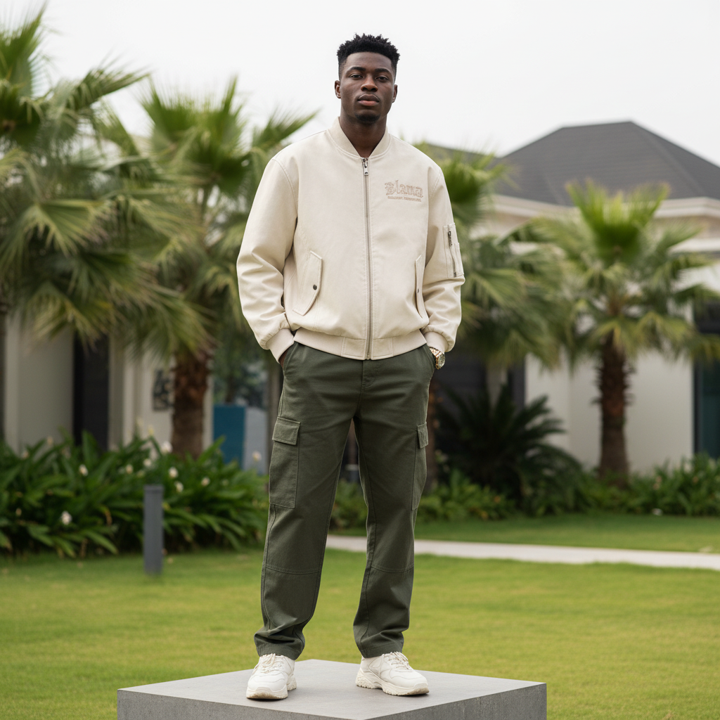 Men's Cream Oversized Bomber Jacket – Nigerian Male Model Shot
