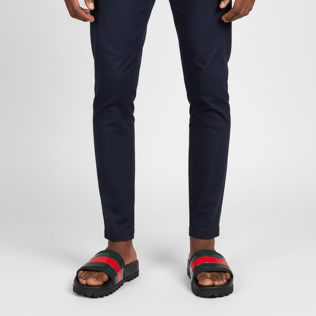 Close-up leg focus of men's black green-red stripe slide sandals with dark navy jogger hem