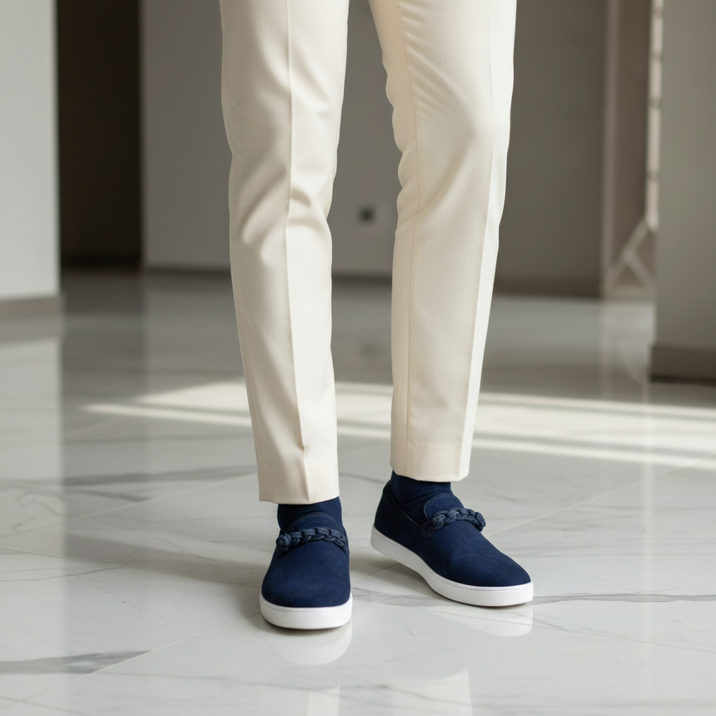 Navy Suede Braided Knot Slip-On Loafer - Model Shot