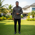 Men's black vertical striped luxury shirt - Nigerian male model shot