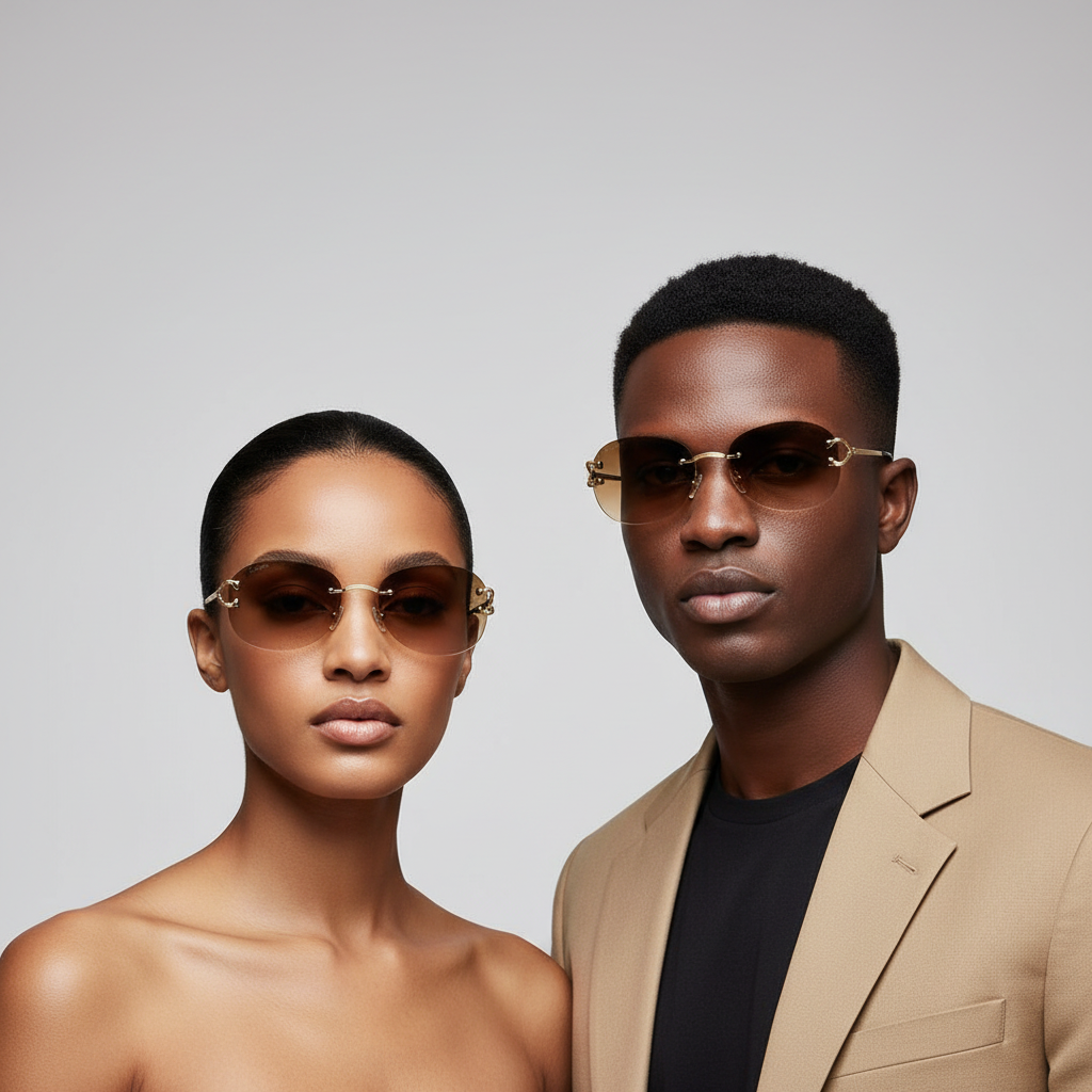 Nigerian female and male models wearing rimless gold bridge aviator sunglasses – editorial medium shot professional grey background