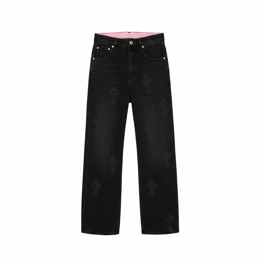 Men's black wide-leg baggy denim jeans with tonal cross embroidery and pink inner waistband, ghost mannequin front view