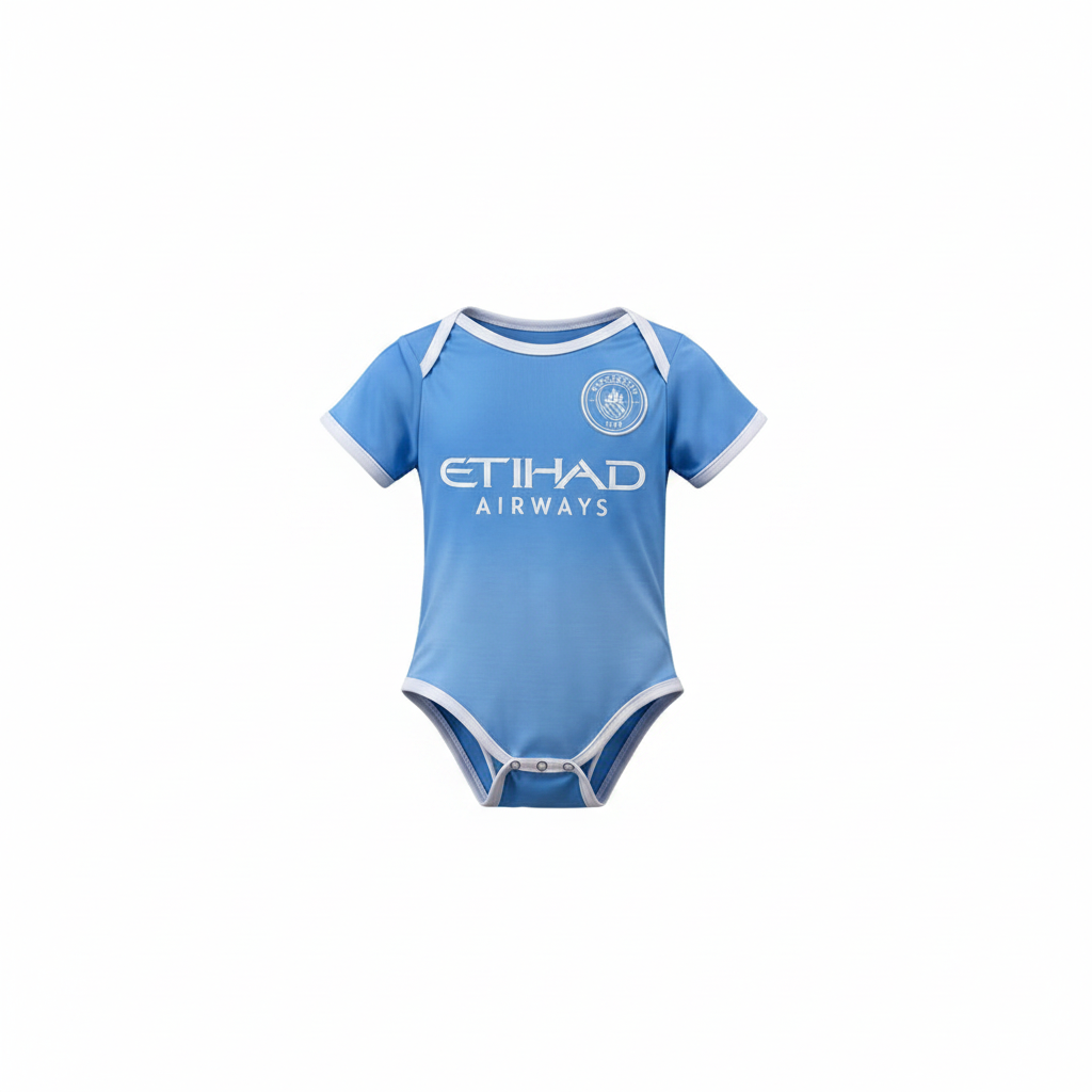 Baby sky blue football romper bodysuit with white trim – ghost mannequin front view on white background