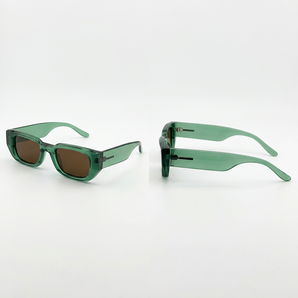 Front and side views of chunky translucent green rectangular glasses