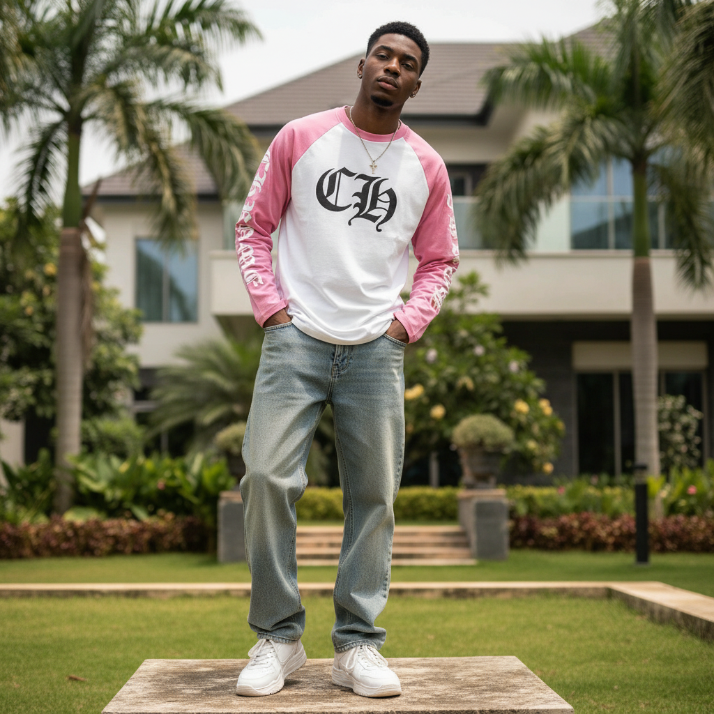 Men's Gothic Print Raglan Long Sleeve Shirt – Nigerian Male Model Shot