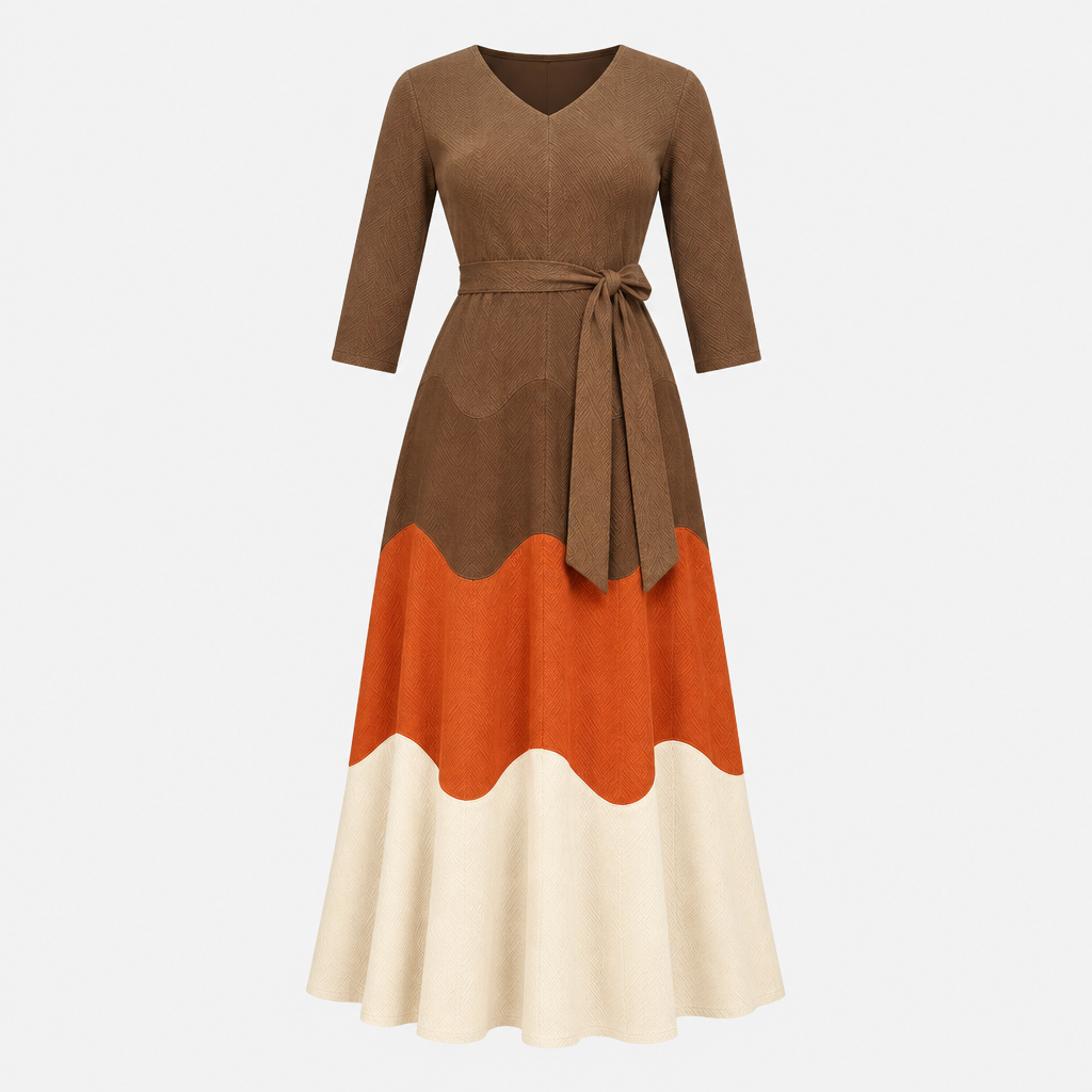Ghost mannequin view of a brown, burnt-orange and ivory color-block midi dress with a self-tie waist