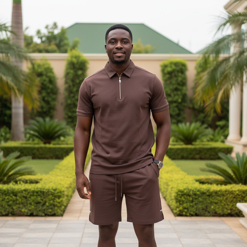 Men's Chocolate Brown Zip Polo & Matching Shorts Co-ord Set – Model Shot