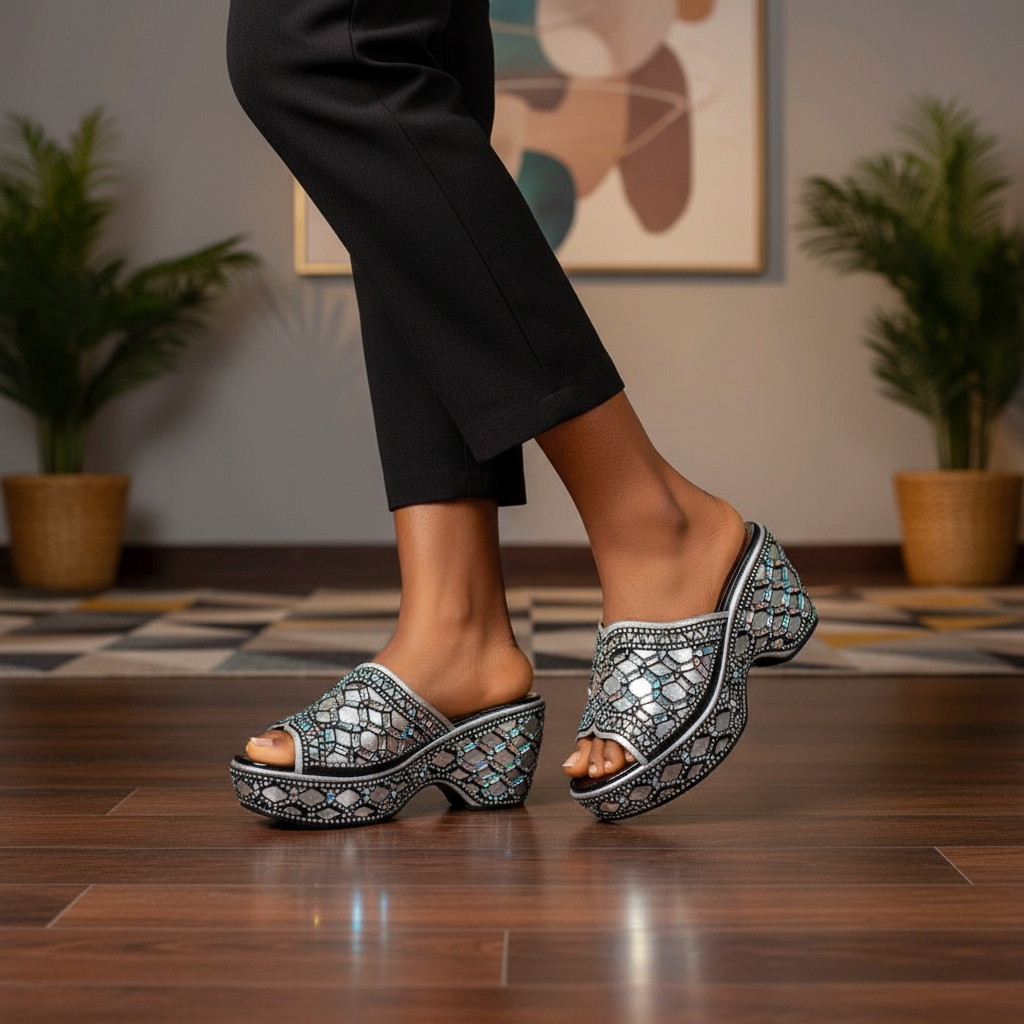 Women's silver rhinestone mosaic platform wedge mule on model