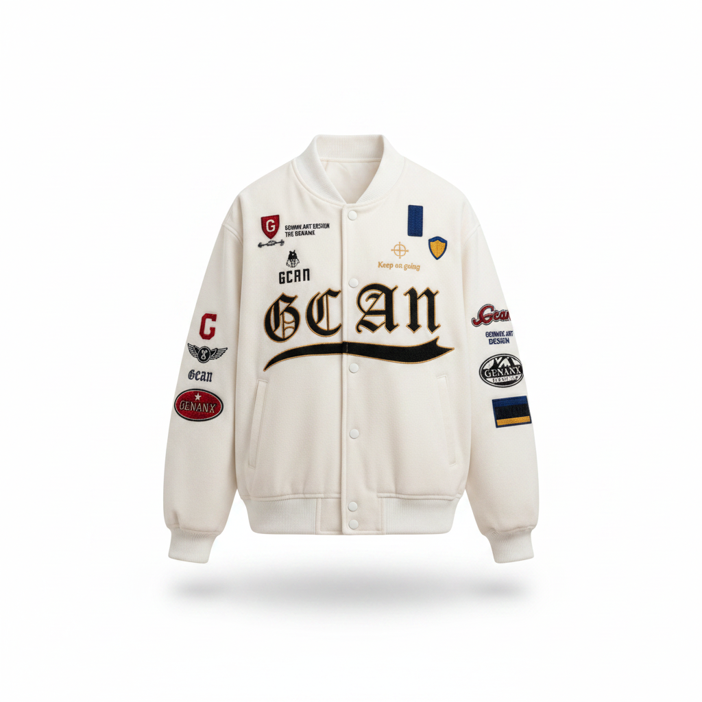 Men's White Multi-Patch Embroidered Varsity Jacket – Ghost Mannequin Front View