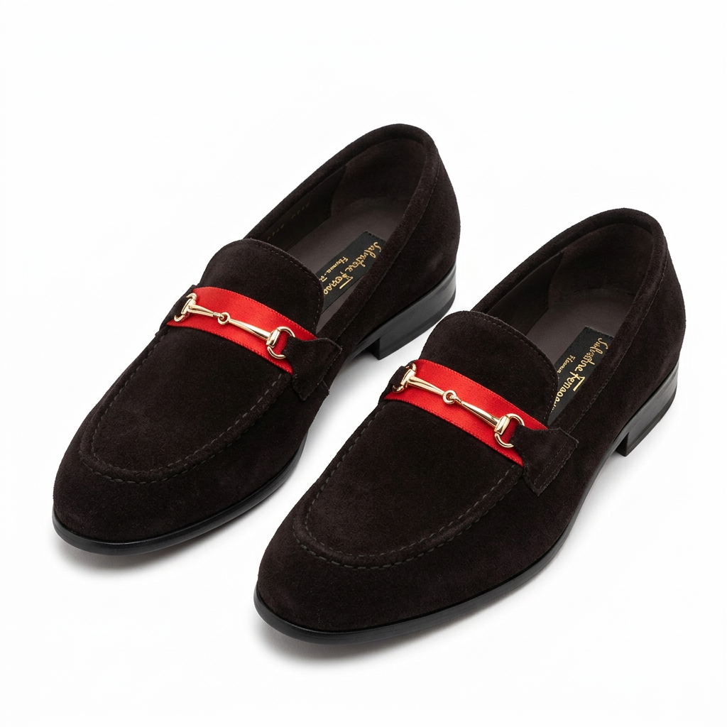 Pair of black men's loafers with red bands and gold-tone bit hardware