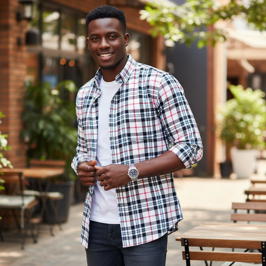 Nigerian model wearing White Base Multi-Colour Bold Plaid Check Long-Sleeve Button-Down Shirt