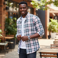 Nigerian model wearing White Base Multi-Colour Bold Plaid Check Long-Sleeve Button-Down Shirt