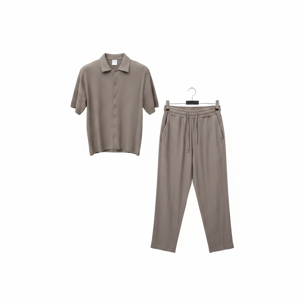 Stone greige matching co-ord set on ghost mannequin, white background