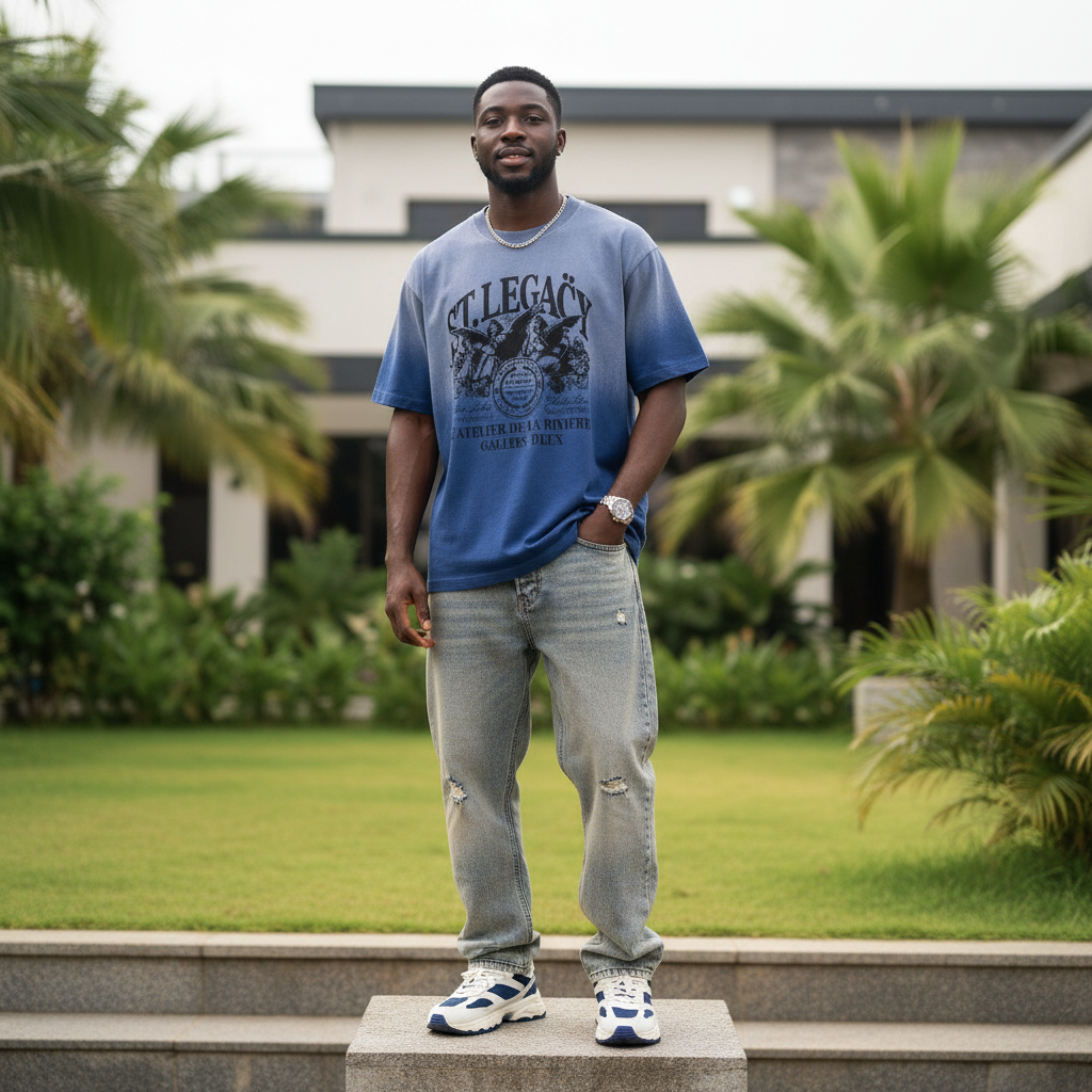 Nigerian male model wearing men's blue acid-wash graphic short-sleeve tee full body streetwear shot