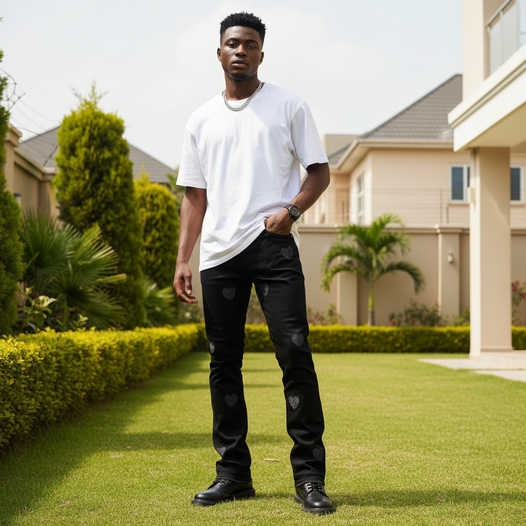 Men's Black Broken Heart Patch Flared Denim Jeans – Nigerian Male Model Shot