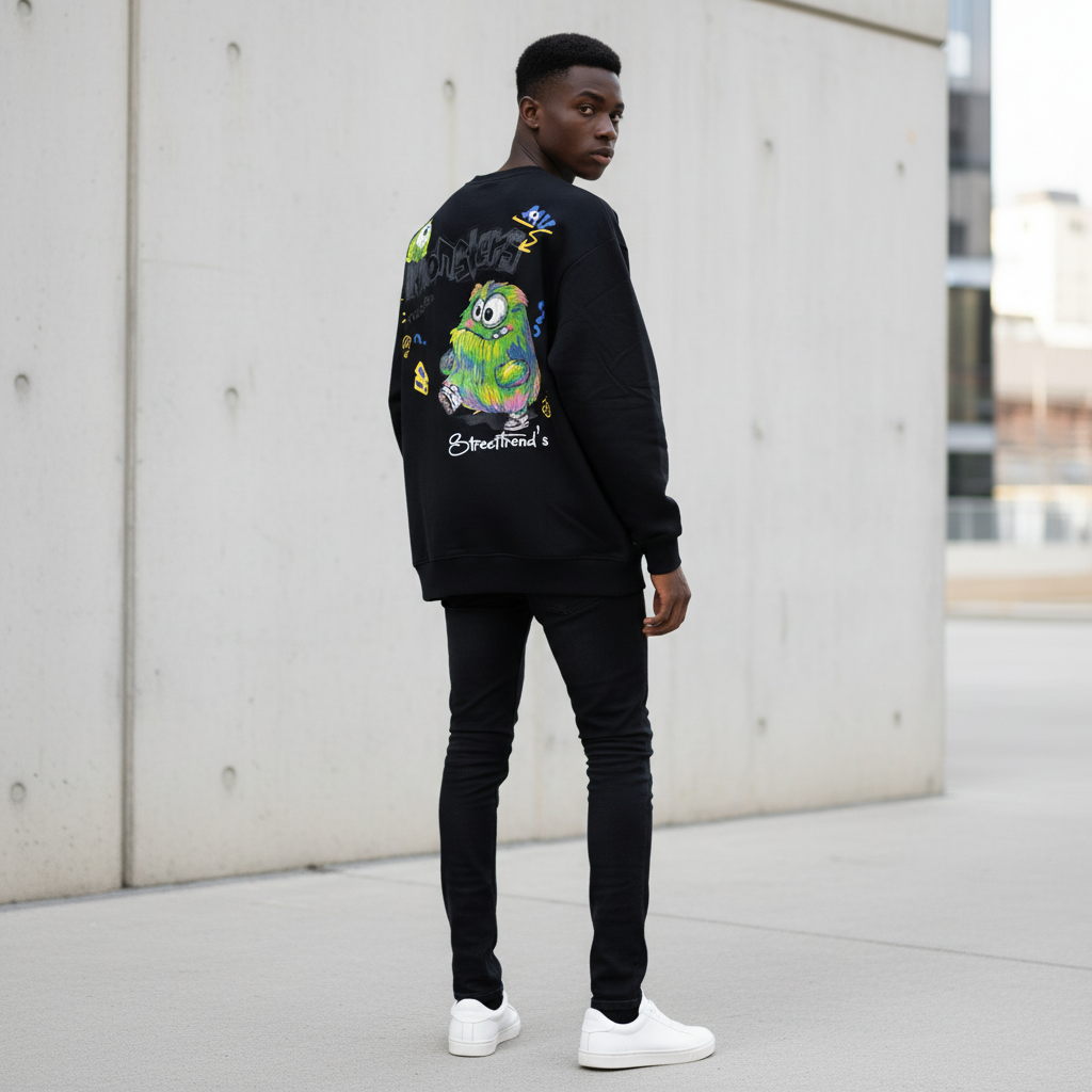 Male model wearing black Monsters StreetTrend's graphic sweatshirt back view