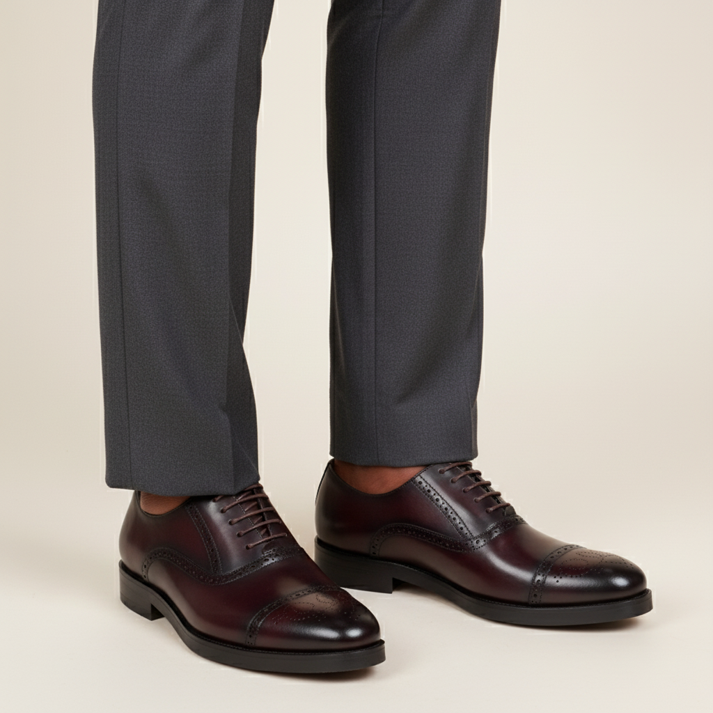Man wearing burgundy leather cap toe oxford brogues with grey dress trousers