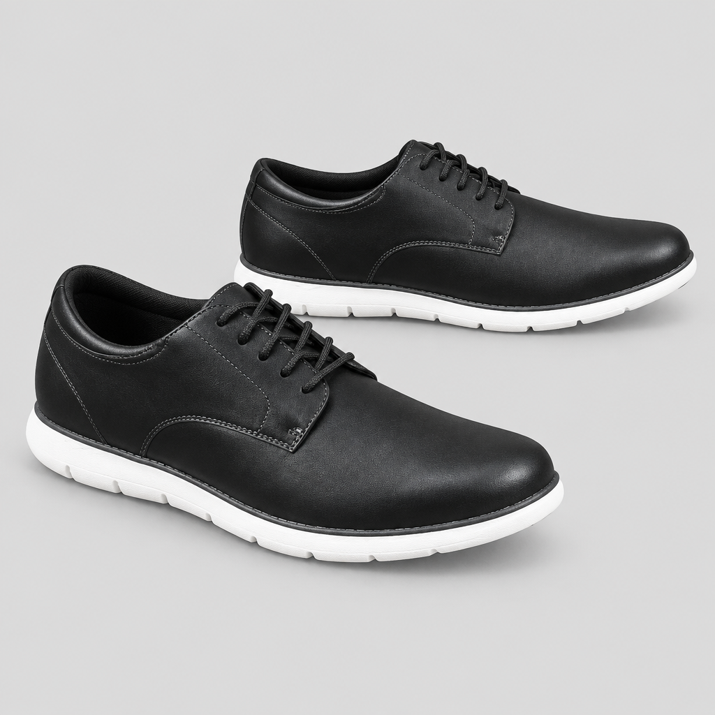 Men's black lace-up casual shoes with white sole, front and side view