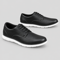 Men's black lace-up casual shoes with white sole, front and side view