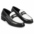 Men's two-tone charcoal and white patent leather penny loafer pair on white background