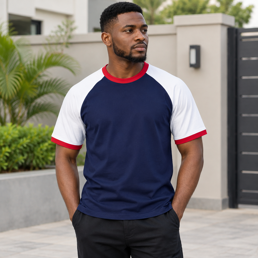 Black Nigerian adult model wearing a navy blue white and red raglan short-sleeve shirt