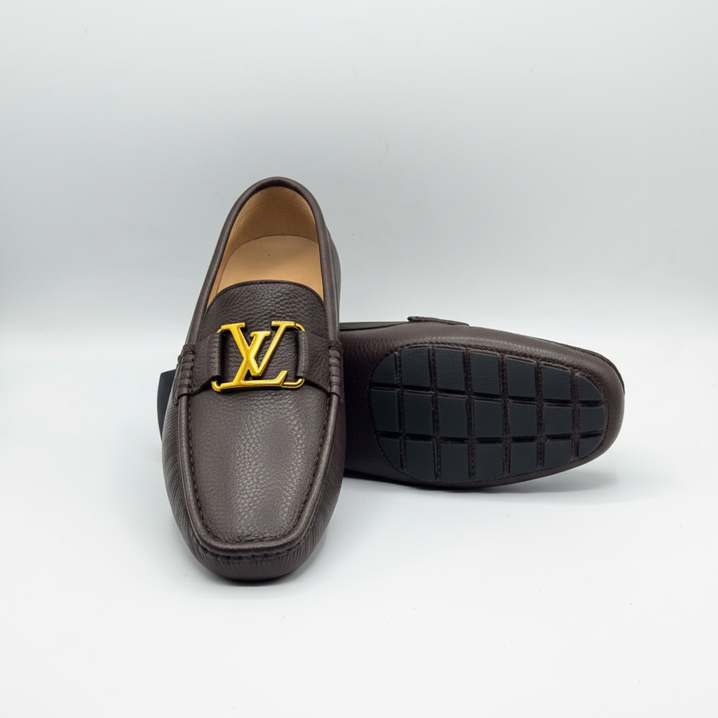Men's Dark Brown Pebbled Leather Gold Monogram Buckle Loafers – Ghost Mannequin