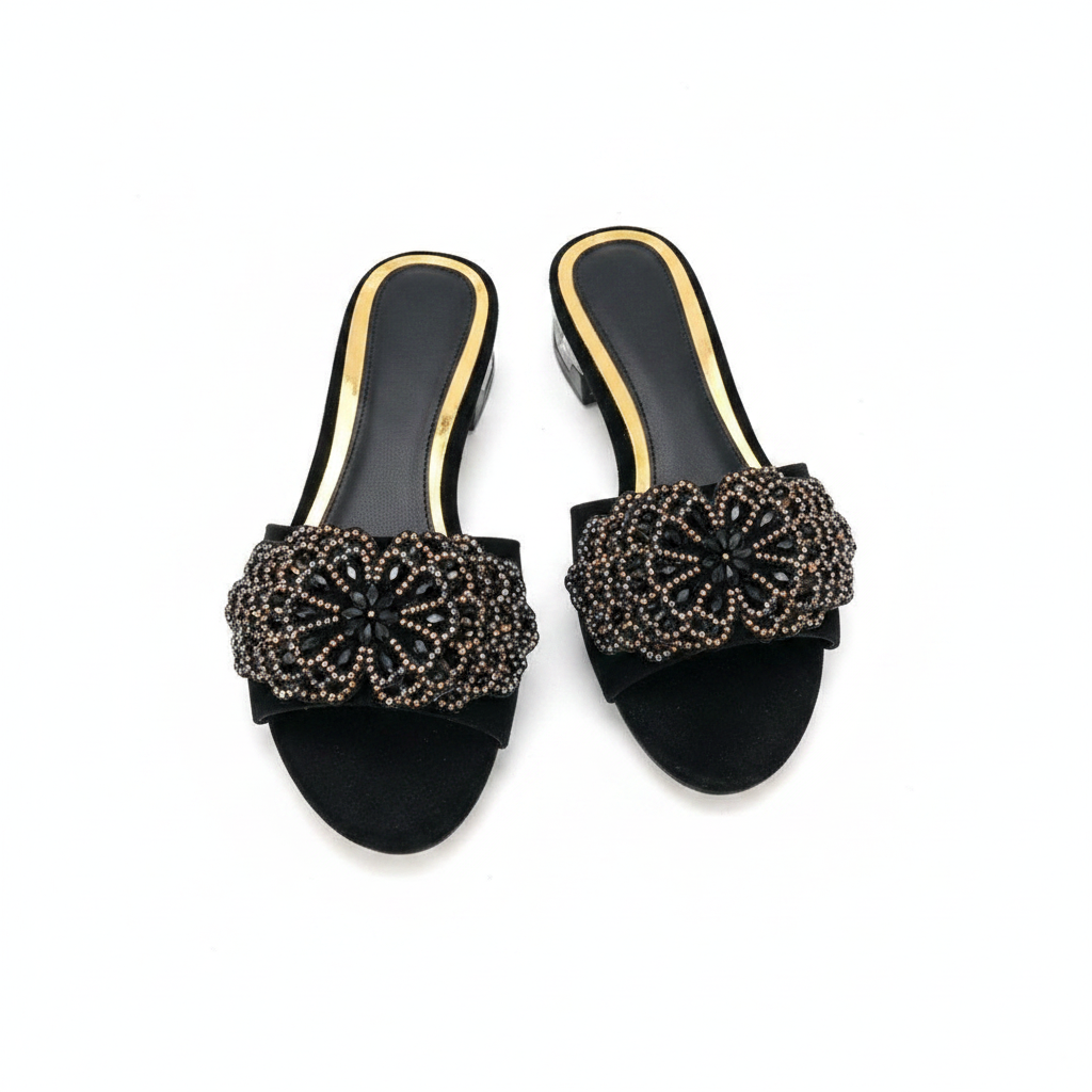 Women's Floral Rhinestone Medallion Clear-Heel Slide - Black Ghost Mannequin