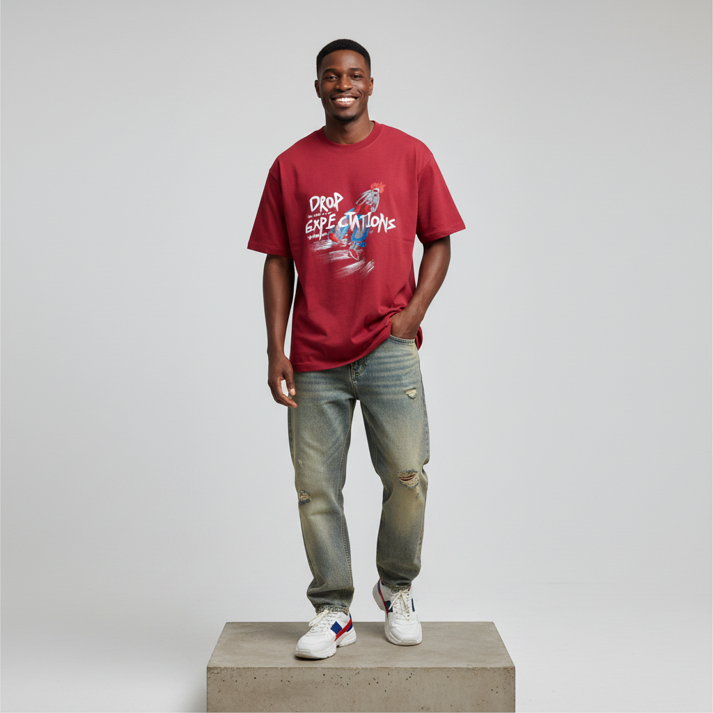 Red Drop Expectations Graphic Oversized Tee - Male Model Front
