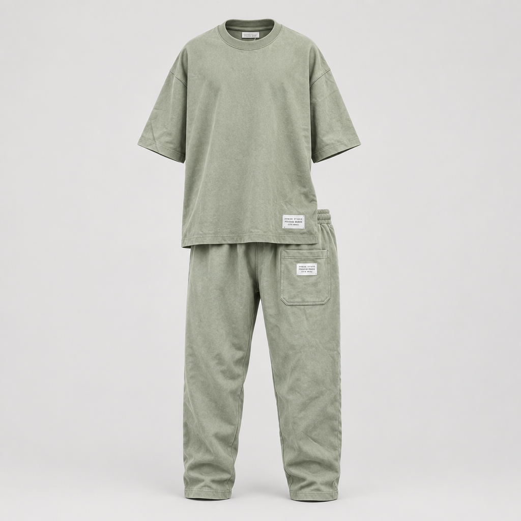 Sage green oversized t-shirt and jogger tracksuit set, ghost mannequin front view