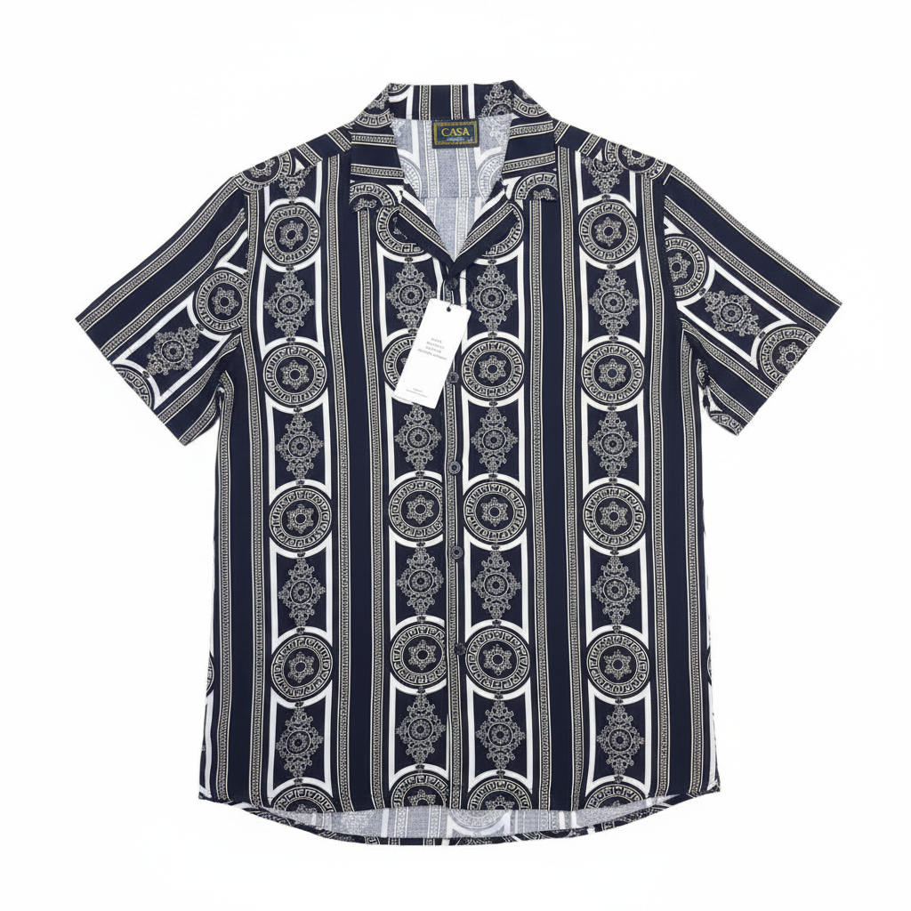 Navy Baroque Medallion Greek Key Short-Sleeved Shirt - Ghost Mannequin