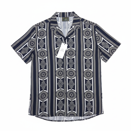Navy Baroque Medallion Greek Key Short-Sleeved Shirt - Ghost Mannequin