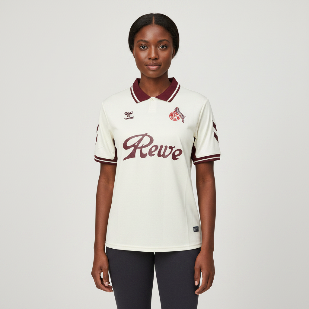 Nigerian female model wearing FC Köln cream jersey