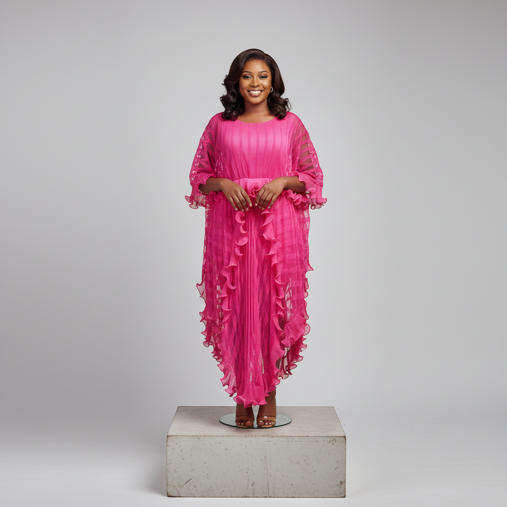 Nigerian female model front view - hot pink pleated ruffle cascade dress